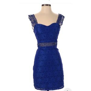NWOT NSR Blue Lace Overlay Mini Dress with Cutout Lace Waist, Size XL